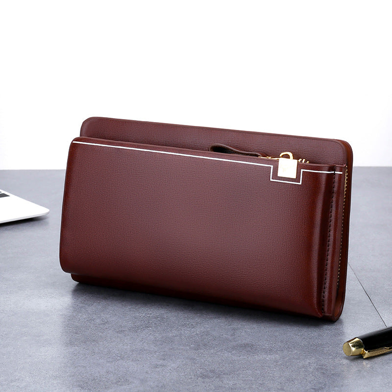 Men's Large Capacity Long Clutch Leather Bag Multi-card Compartment Dual-Zip Business Casual Clutch Hand-Slip Design Available in Light Brown/Dark Brown/Black