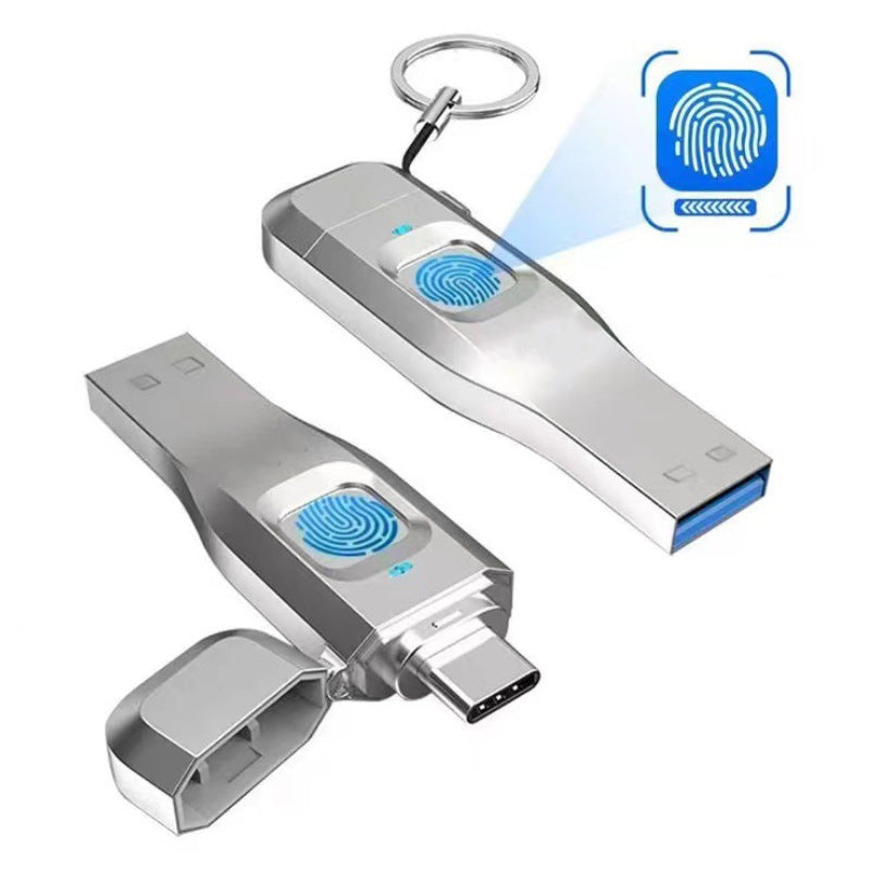 128GB Fingerprint Encrypted Anti-theft Type C USB Flash Drive Supports Type-C USB 3.0 for connecting to Cell phones, Computers, Cars, TVs, etc.