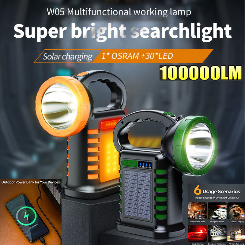 100000-lumen LED Solar-Powered High-Intensity Spotlight Work Light with COB Side Lights Long Battery Life Power Bank for Charging Cell Phones