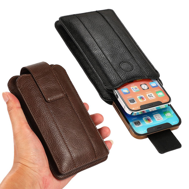 Men's Crazy Horse Leather 2 Pouch Cell Phone Waist Pack Wallet