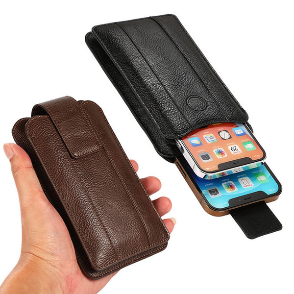 Men's Crazy Horse Leather 2 Pouch Cell Phone Waist Pack Wallet