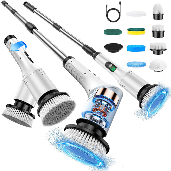 9-in-1 Cordless Electric Spin Scrubber with LED Display Adjustable Extension Handle Waterproof for Bathroom Shower Tile Kitchen Whole-House Deep Cleaning