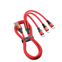 2Pcs Light-Equipped 100W Pure Copper Core Fast Charging Triple-Port Cable | Nylon Braided Single Cable for Three Devices Compatible with Huawei, Apple and Android Phones | Durable Car Fast Charging Data Cable
