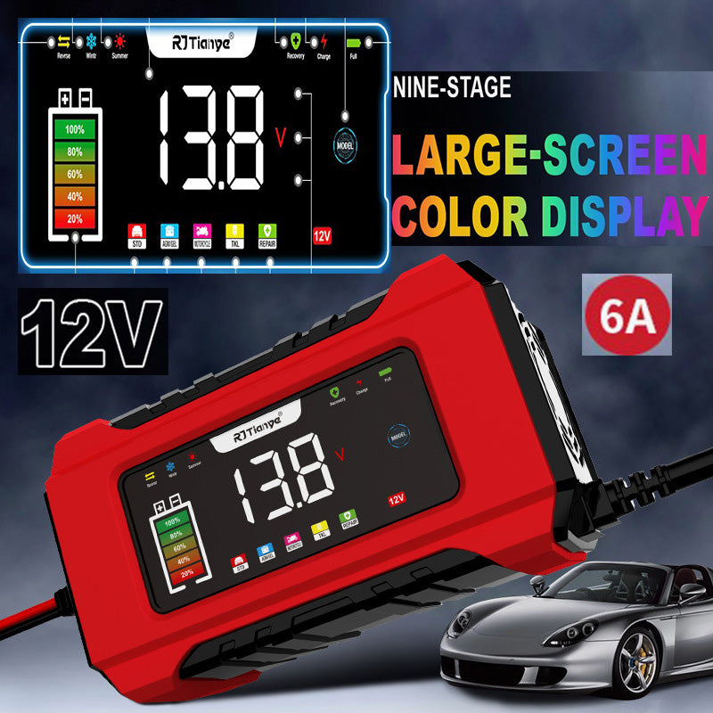 Large-screen Color Touch Button 72w 12V 6A Fully Automatic Car Battery Charger Pulse Repair LCD Battery Charger Auto Moto Lead Acid Battery Smart Charging Charger