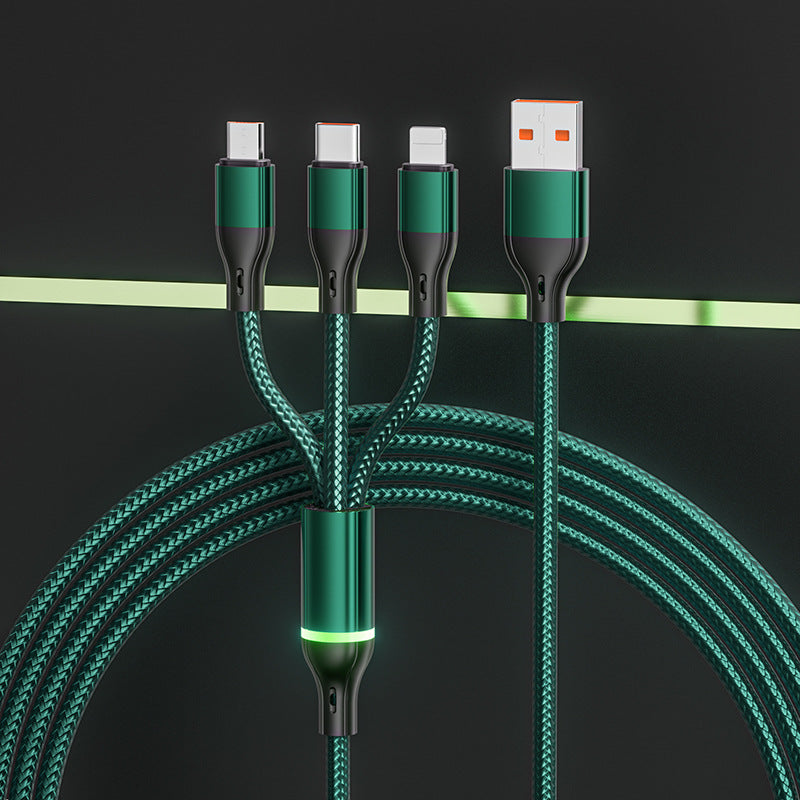 2Pcs Light-Equipped 100W Pure Copper Core Fast Charging Triple-Port Cable | Nylon Braided Single Cable for Three Devices Compatible with Huawei, Apple and Android Phones | Durable Car Fast Charging Data Cable