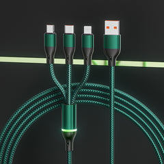 2Pcs Light-Equipped 100W Pure Copper Core Fast Charging Triple-Port Cable | Nylon Braided Single Cable for Three Devices Compatible with Huawei, Apple and Android Phones | Durable Car Fast Charging Data Cable