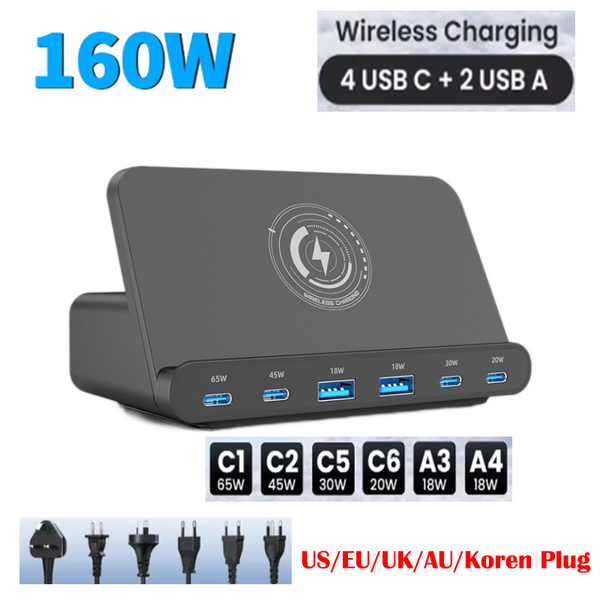 PD160W 6 Ports Charging Station Wireless Charging GaN Charger 4 Type + 2 USB Ports For Laptop Tablet iPhone Samsung Andriod Phone