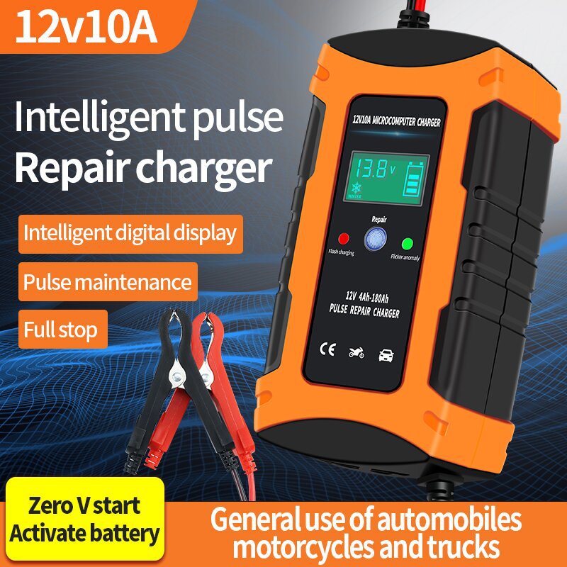 12V 10A Car Battery Smart Pulse Repair Charger Smart Fully Automatic Battery Charger LCD Screen For Car Truck Motorcycle