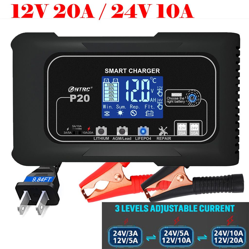 Car Battery 12V 20A/24V 10A Smart Pulse Repair Charger 3-level Adjustable Current Smart Fully Automatic Battery Charger LCD Screen For Car Truck Motorcycle