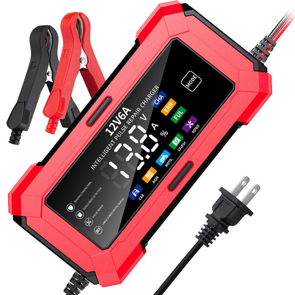 12V6A Smart Pulse Repair Battery Charger – Universal Car/Motorcycle/ATV/ Boat Charger with Large Display & Multiple Protections