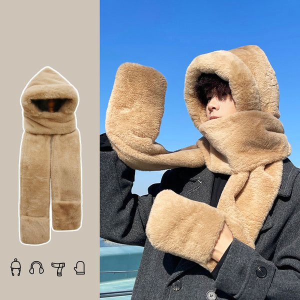 New Style Hat, Scarf and Gloves Three-Piece Set Unisex Winter Thermal Gear Thickened Warmth Faux Rabbit Fur Neck Warmer with Ear Flaps Windproof Design Phone-Compatible Pocket