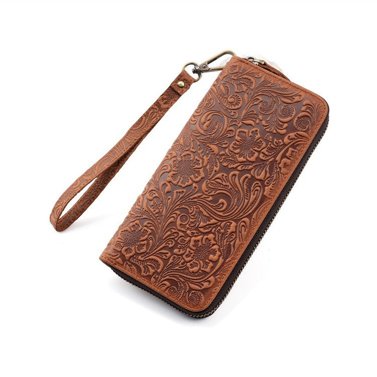 High-end Retro Crazy Horse Leather Long Purse Tangcao Floral PatternLong Wallet