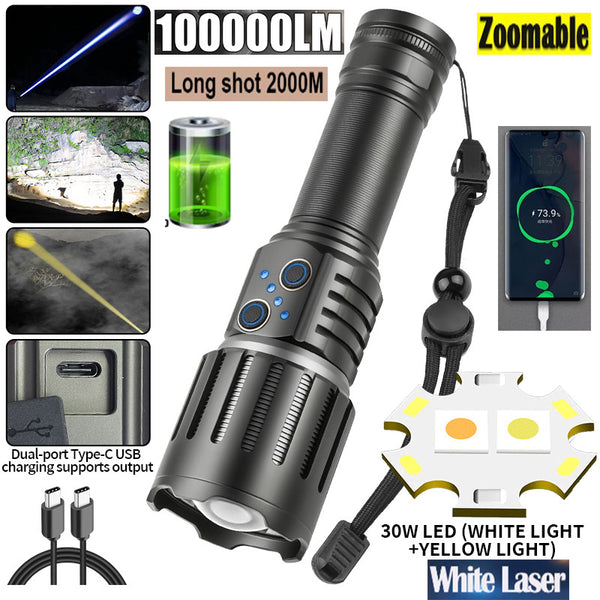 100000 Lumens Zoom Dual Light Core Power Bank LED Torch 8 Modes Powerful Torch with 26650 Rechargeable Battery with Mobile Power Function White+Yellow/Blue Light