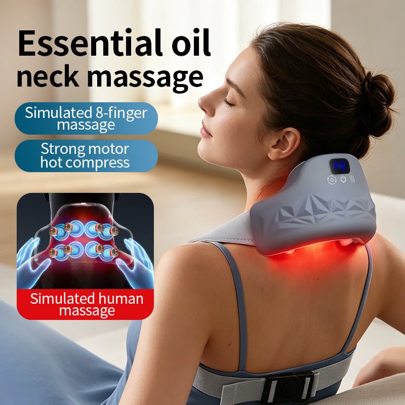 Relieve neck & trapezius pain with 8-finger simulated human neck massager Features essential oil SPA, dual-zone red light, 3-level hot compress, and dual motors