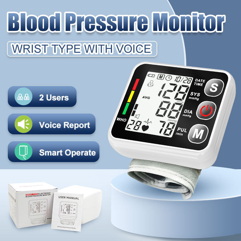 LCD Screen Voice Wrist Blood Pressure Monitor Digital Automatic BP Tonometer Heart Rate Sphygmomanometer 2-User Mode, 198 Sets Memory