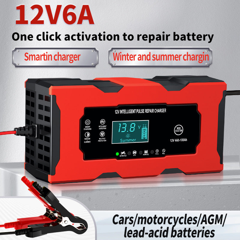 12V 6A Automatic Pulse Repair Charger LCD Intelligent Car Battery Charger for Dry Water Lead-acid Battery Car Motorcycle Charger