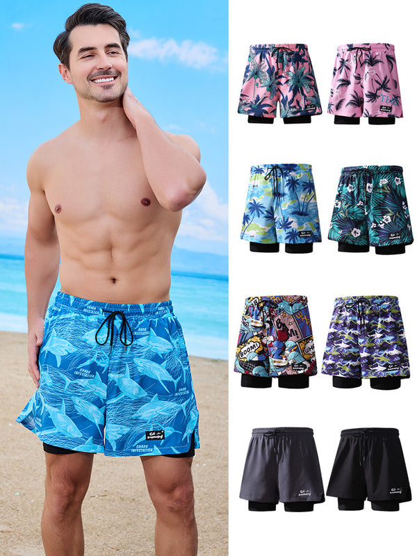 Stylish Double-Layer Modesty Beach Swim Trunks | Quick-Drying Plus-Size Boxer-Style Swim Trunks | Unisex Swim Trunks for Hot Springs and the Beach