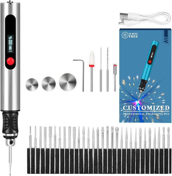 32/40Pcs Handheld Grinder Engraving Pen - Compact electric polisher suitable for nut carving, jade polishing and DIY crafts. Includes 30 drill bits with LED display and Type-C fast charging
