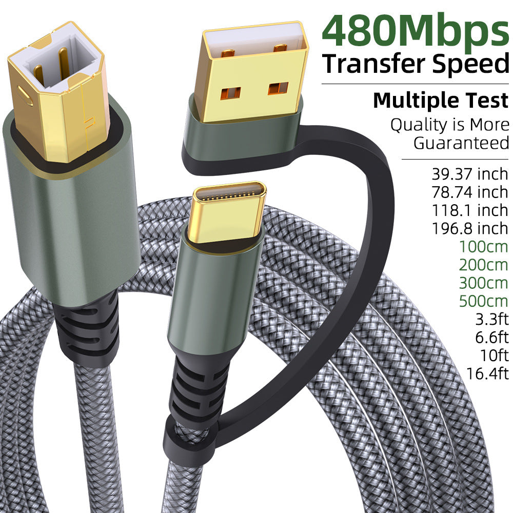 2-in-1 Type-C USB 2.0 to USB-B Printer Cable – High-Speed USB 2.0, Gold-Plated, Plug & Play for Printer, Scanner, Fax, MIDI