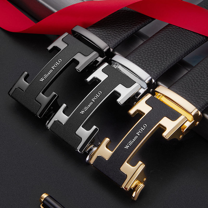 William Polo Men's Leather Belt with Automatic Buckle - Top-Grain Cowhide Waistband for Business & Casual Wear - Versatile Gift Box Set (Gold/Gunmetal/Silver)