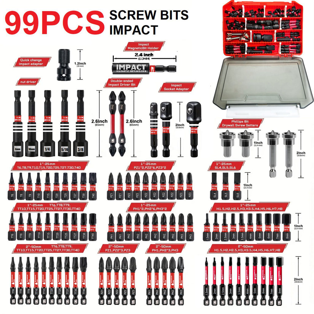 99Pcs Impact-Resistant S2 Bit Set | Includes 1/2‘ & 1/4’ Adapter, Magnetic Bit Holder, Socket Adapter, Hex/Phillips/Star/Slotted/Cross-Head Bits, Black Wear-Resistant Bits. Universal for Home & Industrial Use.