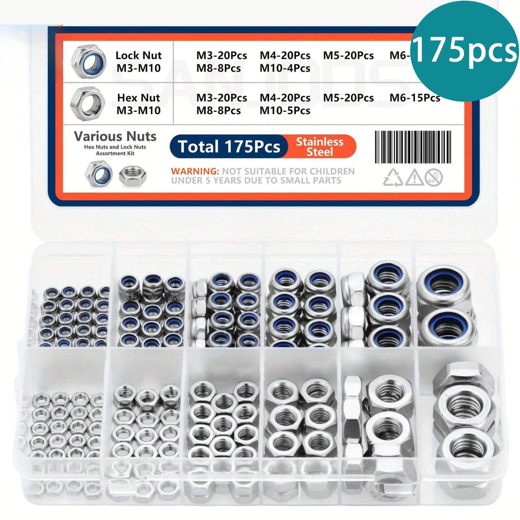 175pcs Locknuts & Hex Nuts Assortment Kit M3 M4 M5 M6 M8 M10 Stainless Steel Assorted Metric Nylon Insert Lock & Hex Nut Set