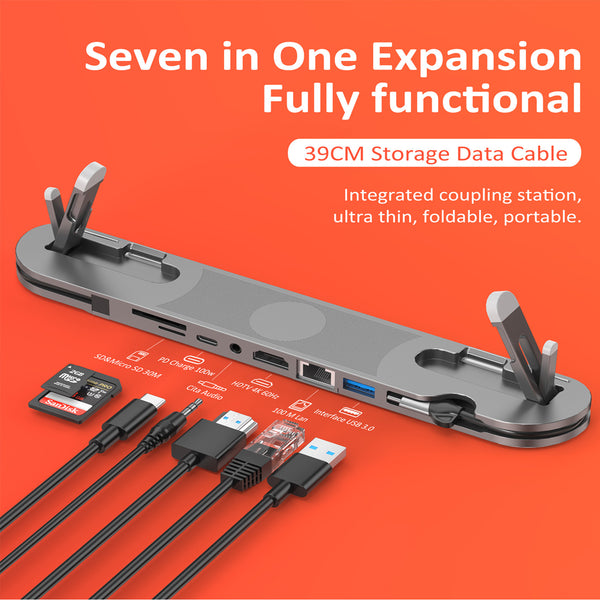 Type-C 7-in-1 Expansion Dock with Adjustable Height Laptop Stand and Cooling Function Features integrated USB 3.0, HDMI, Card reader, Type-C, Ethernet port, Audio Ports and More