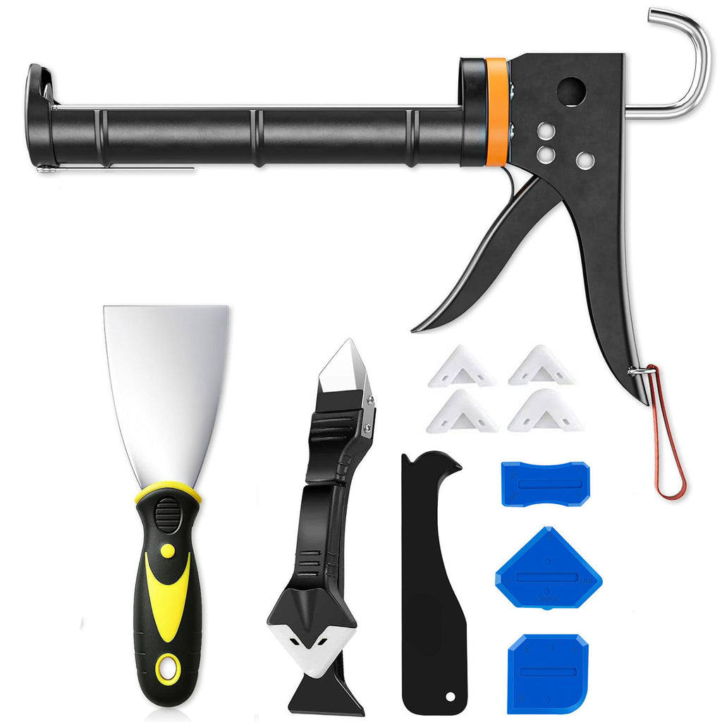 12-Piece Caulking Gun Tool Kit | Rotary Caulk Gun & Silicone Finishing Tools | 3-in-1 Scraper & Putty Knife