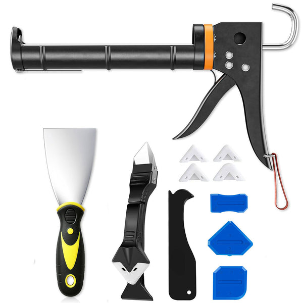 12-Piece Caulking Gun Tool Kit | Rotary Caulk Gun & Silicone Finishing Tools | 3-in-1 Scraper & Putty Knife