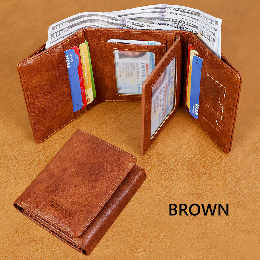 Men’s Vintage Tri-Fold Leather Wallet – A spacious leather card holder featuring 8 card slots and 3 photo pockets, ideal for travel and everyday use