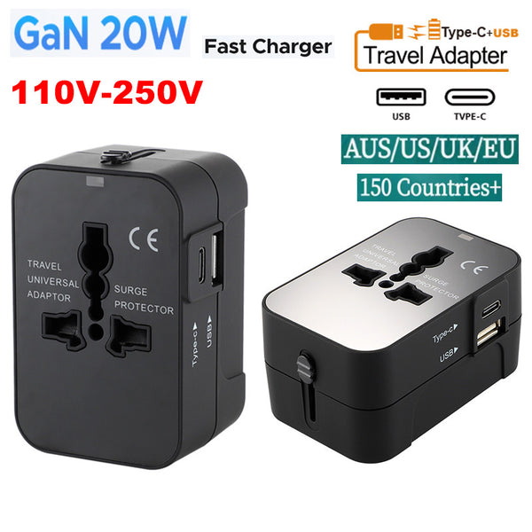Universal International Plug Adapter PD20W GaN Fast Charger With 1 USB 1 Type C Ports Worldwide Universal US UK AU EU Electrical USB Power Plug Adapter