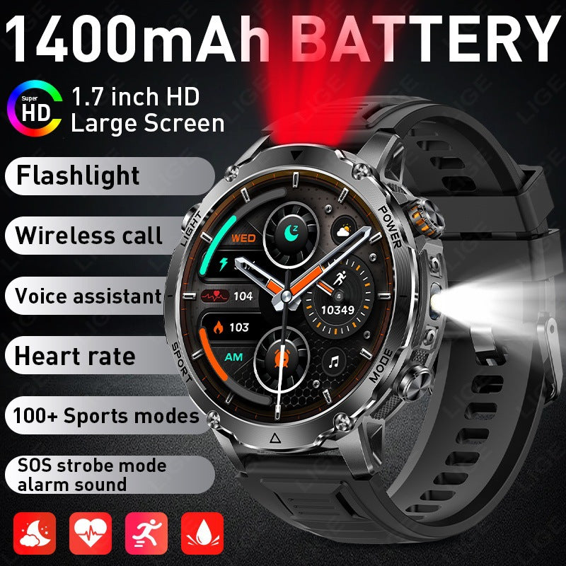 Military-Grade Tactical Smartwatch | 1.7-inch HD Display | Heart Rate and Blood Oxygen Monitoring | IP68 Water Resistance | Bluetooth Calling | LED Flashlight | 1400mAh Extra-Large Battery