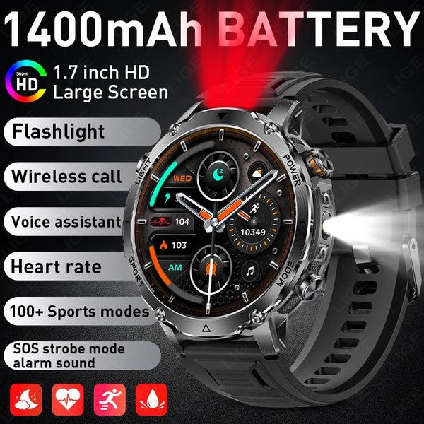 Military-Grade Tactical Smartwatch | 1.7-inch HD Display | Heart Rate and Blood Oxygen Monitoring | IP68 Water Resistance | Bluetooth Calling | LED Flashlight | 1400mAh Extra-Large Battery