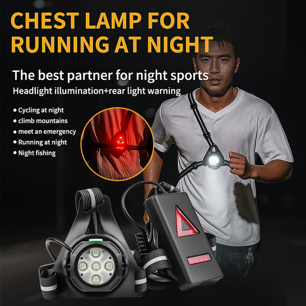 Adjustable Chest-Mounted Running Light - Ultra-Bright 100W LED Front Light + 8-LED Red Tail Light, Type-C Charging, Up to 15-Hour Battery Life, IPX4 Waterproof, Designed for Night Running and Cycling