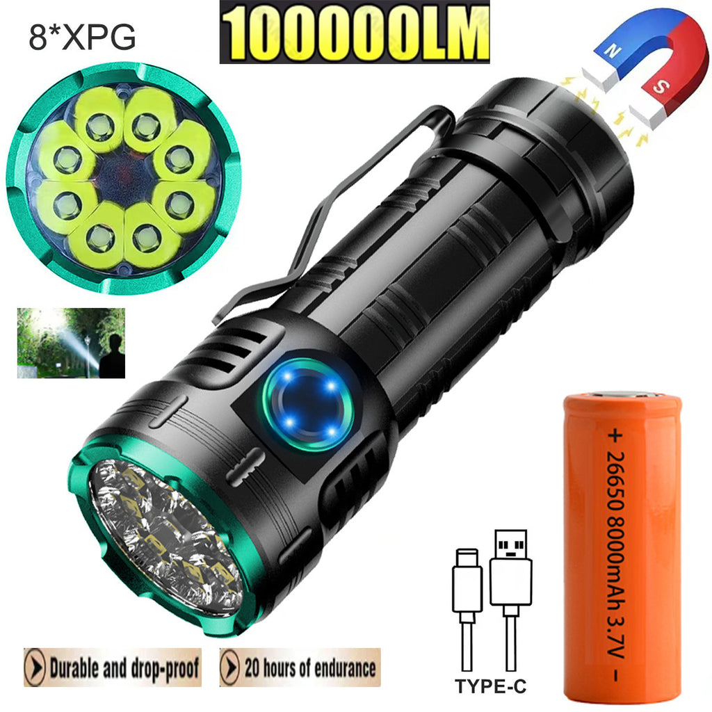Mini 100000Lumen 8 Nuclear Anti-explosion Steelhead Flashlight Clip-on Headlamp Powerful Rechargeable 26650 Battery XPG Light with Tail Magnet Flashlight