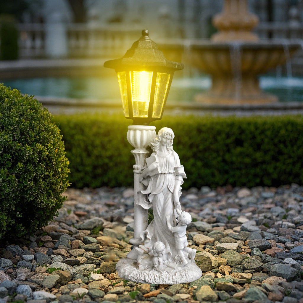 Angel Holding a Book Mother & Child Resin Statue Solar Outdoor Garden Light – Weatherproof Patio Decor with Automatic LED Night Illumination