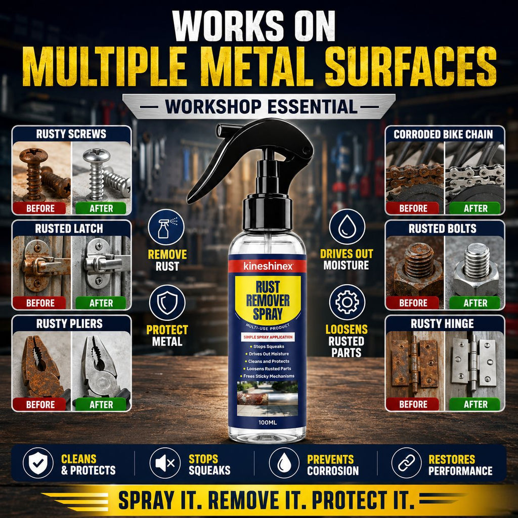 3Pcs Multifunctional Rust Remover and Lubricant 100ml/pc—A metal care spray that combines six key functions: rust removal, lubrication, rust prevention, moisture removal, cleaning, and rust loosening