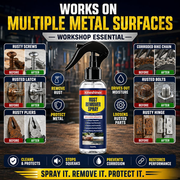3Pcs Multifunctional Rust Remover and Lubricant 100ml/pc—A metal care spray that combines six key functions: rust removal, lubrication, rust prevention, moisture removal, cleaning, and rust loosening