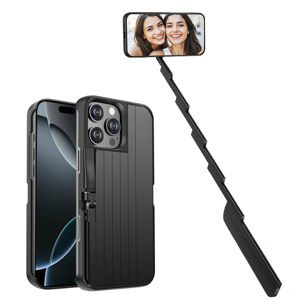 iPhone 14/15/16 Series 3-in-1Selfie Stick Phone Case Stand | Bluetooth Remote Control ·Aluminum Alloy 60cm Telescoping · Switch Between Landscape and Portrait Modes