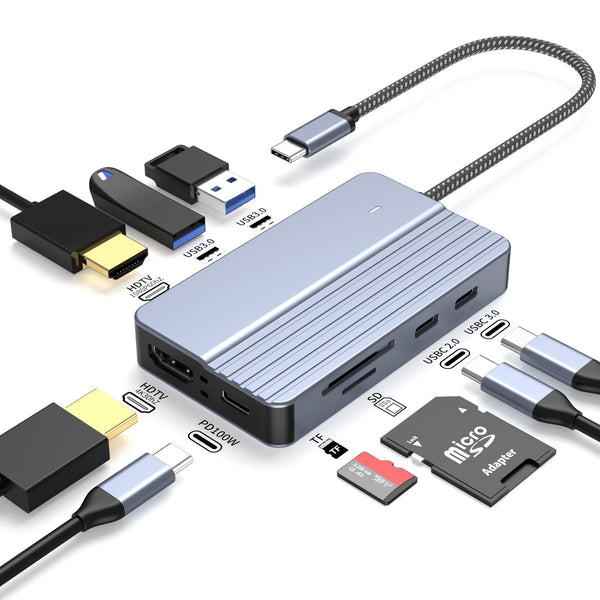 MacBook iPad Type-C to Dual HDMI Hub｜9-in-1/10-in-1｜Supports 4K Dual-Screen Extension｜PD 100W Fast Charging｜Compatible with macOS/Windows