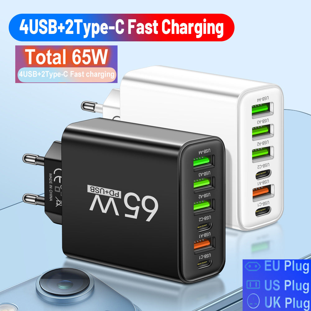 New PD65W 6 Ports Fast Charging Mobile Phone Charger with 4USB and 2PD Type-c Charger US/EU/UK Plug