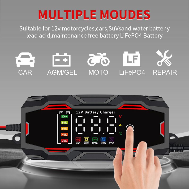Large Screen 12V 6A Intelligent Pulse Repair Charger Car Battery Charger Smart Fully Automatic Battery Charger LCD Screen Car Truck Motorcycle Lead Acid Batteries