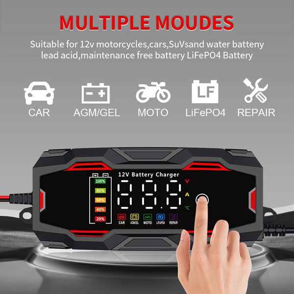 Large Screen 12V 6A Intelligent Pulse Repair Charger Car Battery Charger Smart Fully Automatic Battery Charger LCD Screen Car Truck Motorcycle Lead Acid Batteries