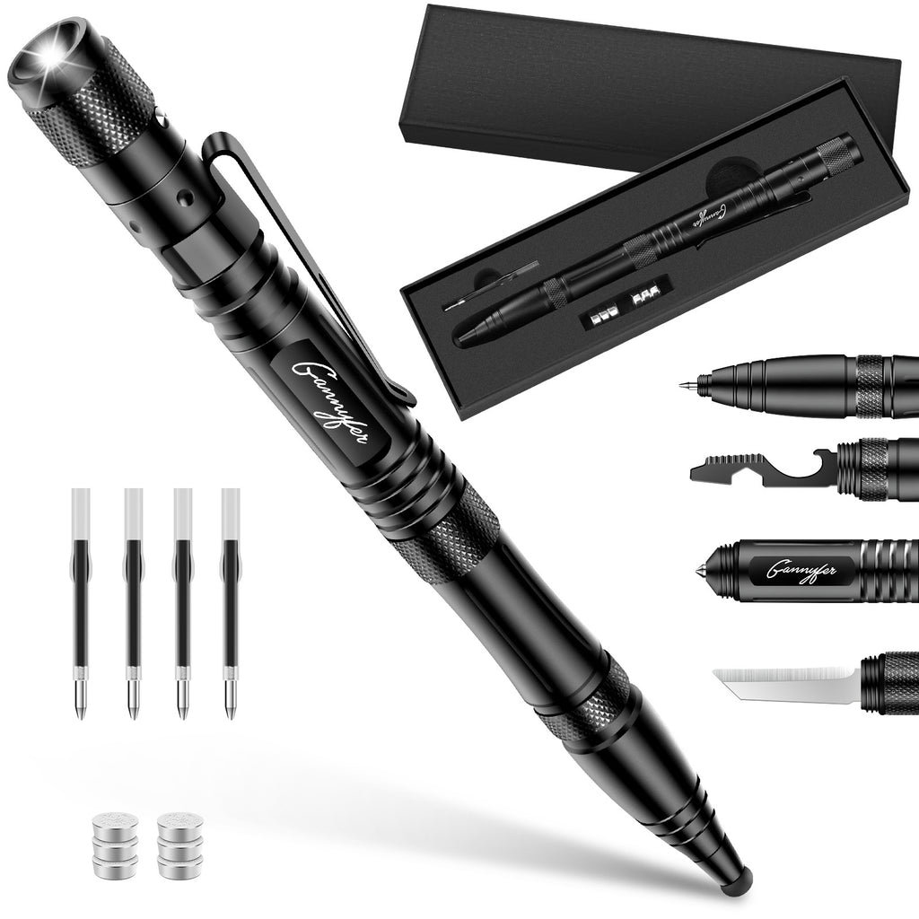 9-in-1 All-Purpose Tactical Pen with 4Pcs Refill: Writing + Window Breaker + Cutter + Light + Screwdriver + Bottle Opener + Stylus + Hex Wrench + Self-Defense