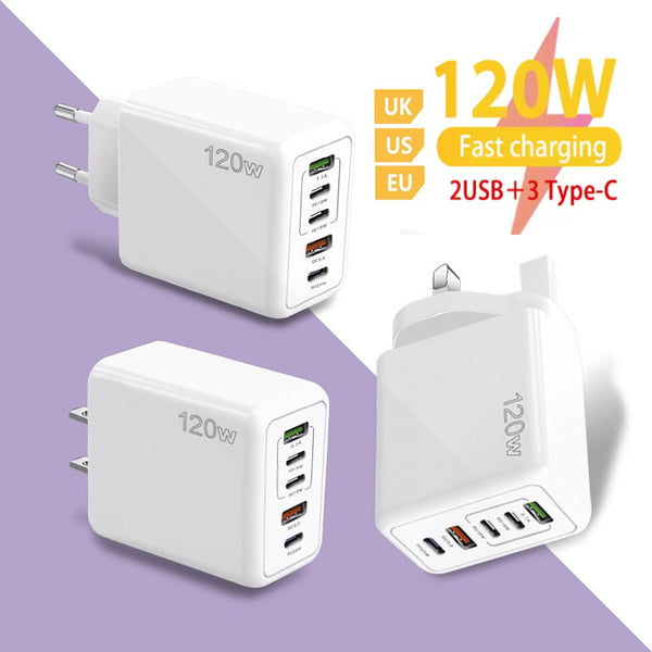 New PD120W Fast Charging Mobile Phone Charger with 2USB and 3PD Type-c 5-hole Charger US/EU/UK Plug