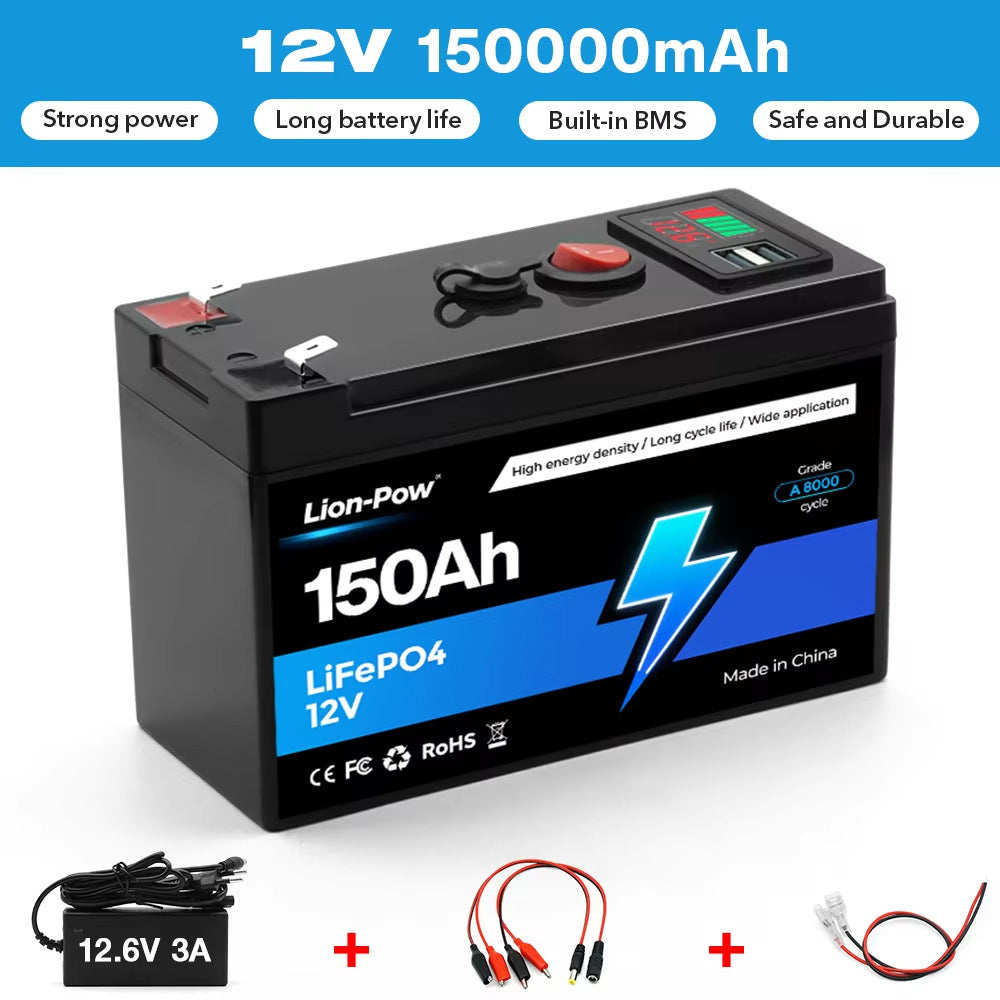 Lifepo4 Battery 12V 150A 150000mAh High Quality with Built-in BMS Suitable for Home Storage, RV, Off-Grid Systems, Solar Power Systems, Marine Applications