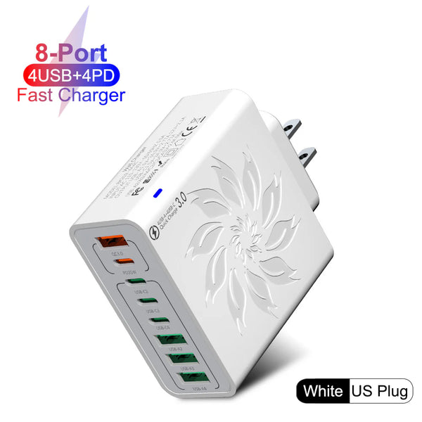New 8-Ports PD150W Fast Charging Mobile Phone Charger with 4USB and 4PD Type-c 8-Ports Charger US/EU Plug