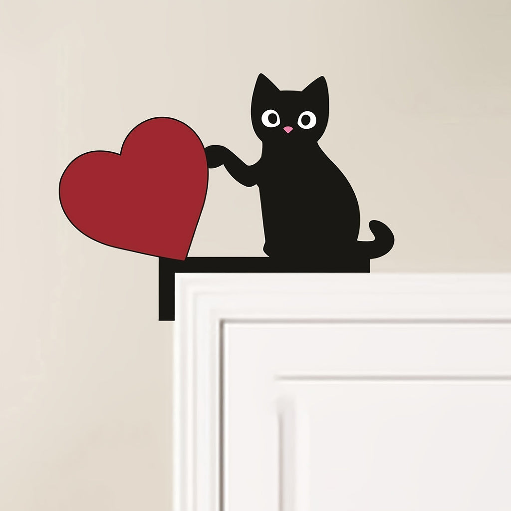 Creative Black Cat Heart-Shaped Wooden Door Corner Sign | A Romantic, Niche Home Decor Piece and Handcrafted Gift