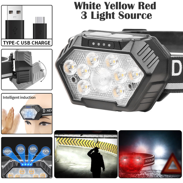 11 LED White Yellow Red 3 Light Source Sensor Headlight Motion Sensor Headlamp Rechargeable