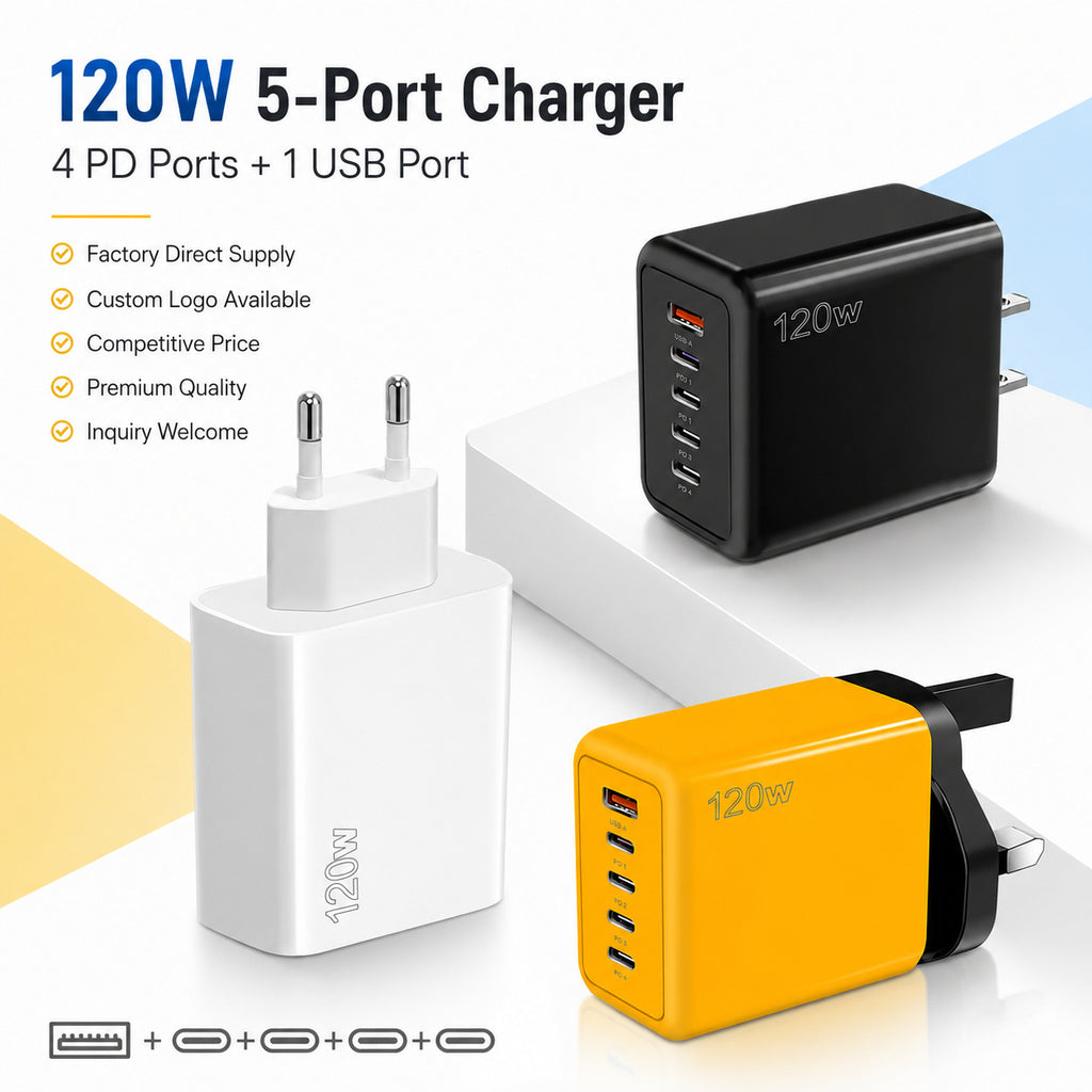 120W 5-Port 4 PD USB-C+1 USB Fast Charger US/EU Plug